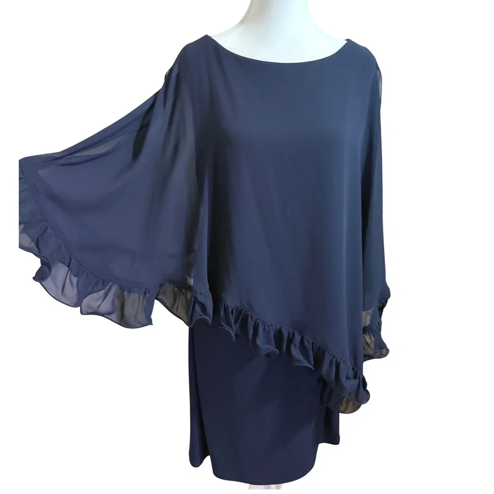 Joseph Ribkoff Cocktail Dress Womens 14 Navy‎ Blue Asymmetrical Ruffle 171246